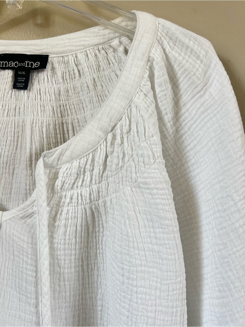 Mac and Me White Cotton Gauze Tie Neck Peasant Blouse 1X Boho Coastal 3/4 Sleeve - Picture 9 of 16